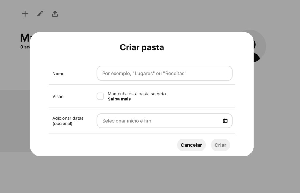 exemplo de como criar uma pasta no Pinterest