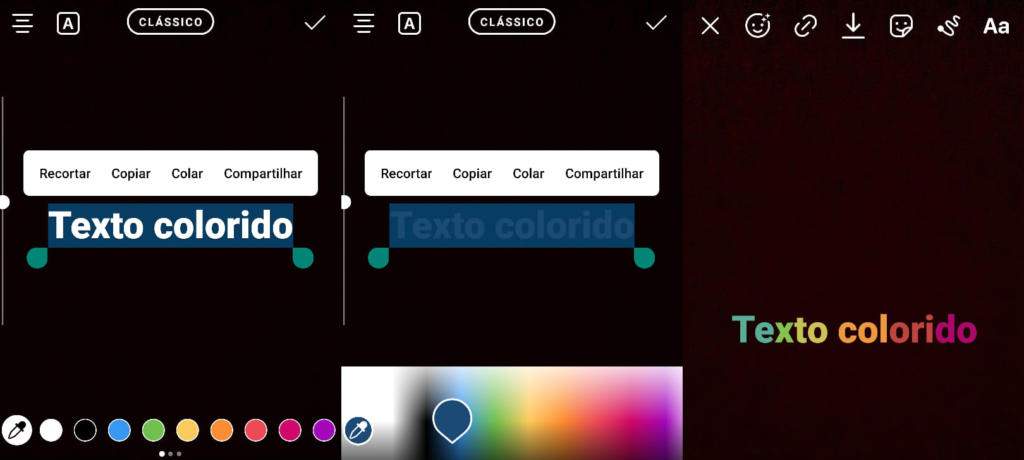 Exemplo de como fazer o Texto Colorido no Stories