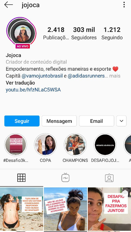 Print perfil da Influenciadora Jojoca