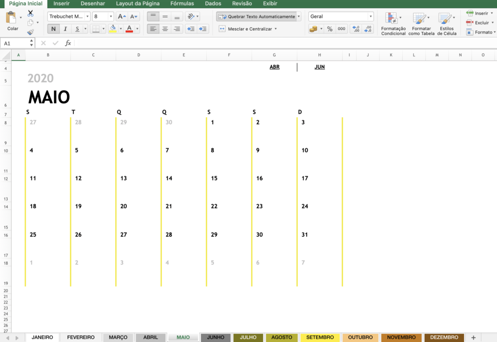 Exemplo de um layout para calendário editorial feiro no excel