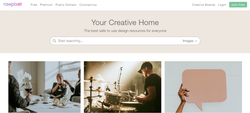 Página inicial Rawpixel, mais um dos bancos de imagens.