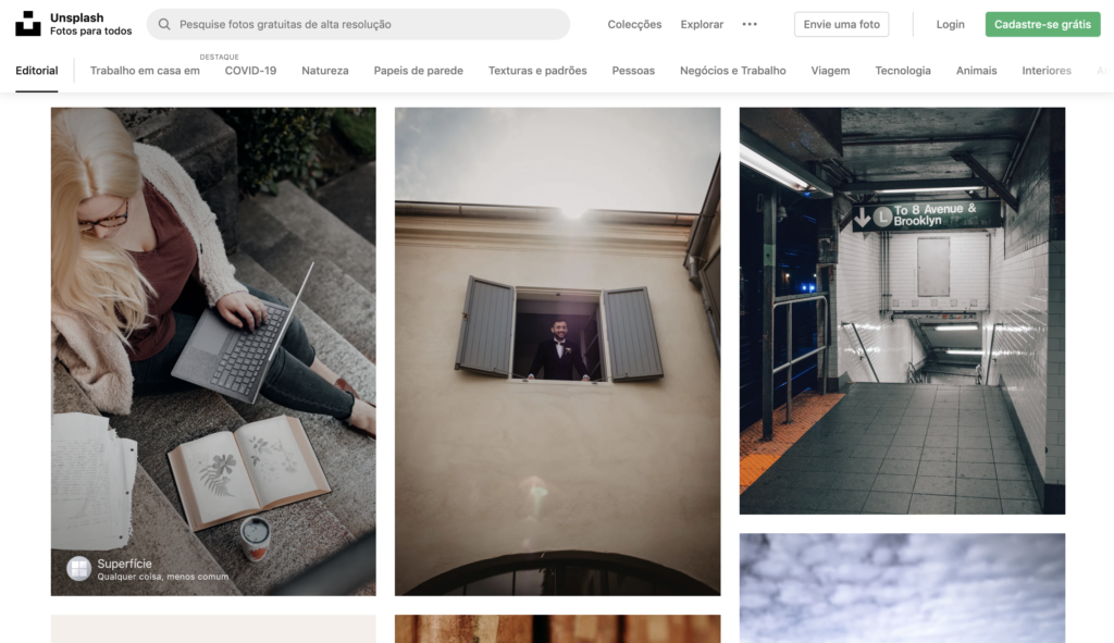Página inicial do banco de imagens Unsplash